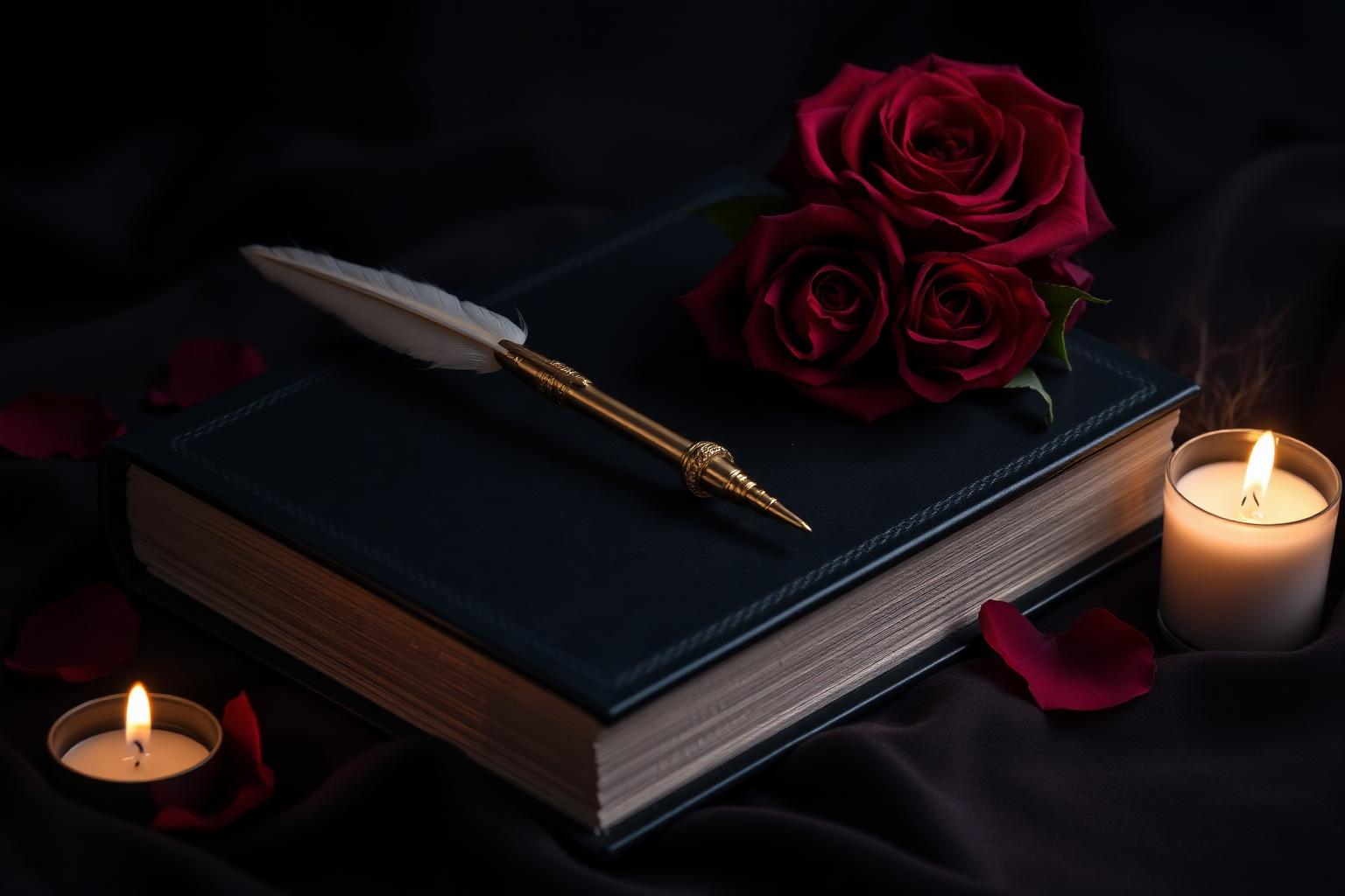 Dark romance novel with crimson roses and a gold quill